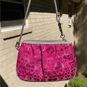 Coach Pink Optic Glitter Sparkle Signature C Print Pleated Wristlet Mini Bag